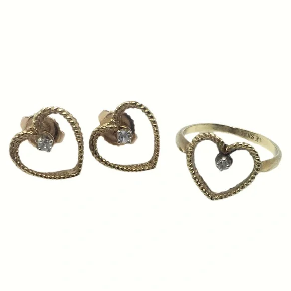 Vintage! 14K Gold - SKAL - Heart Ring & Earrings Set w/Diamonds - Picture 3 of 4